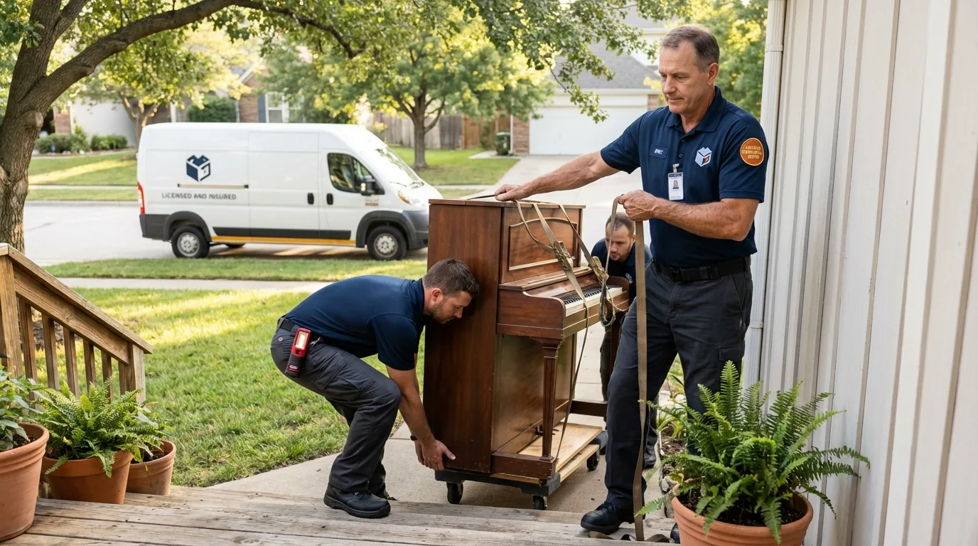 Licensed piano movers securing grand piano in Dayton, OH