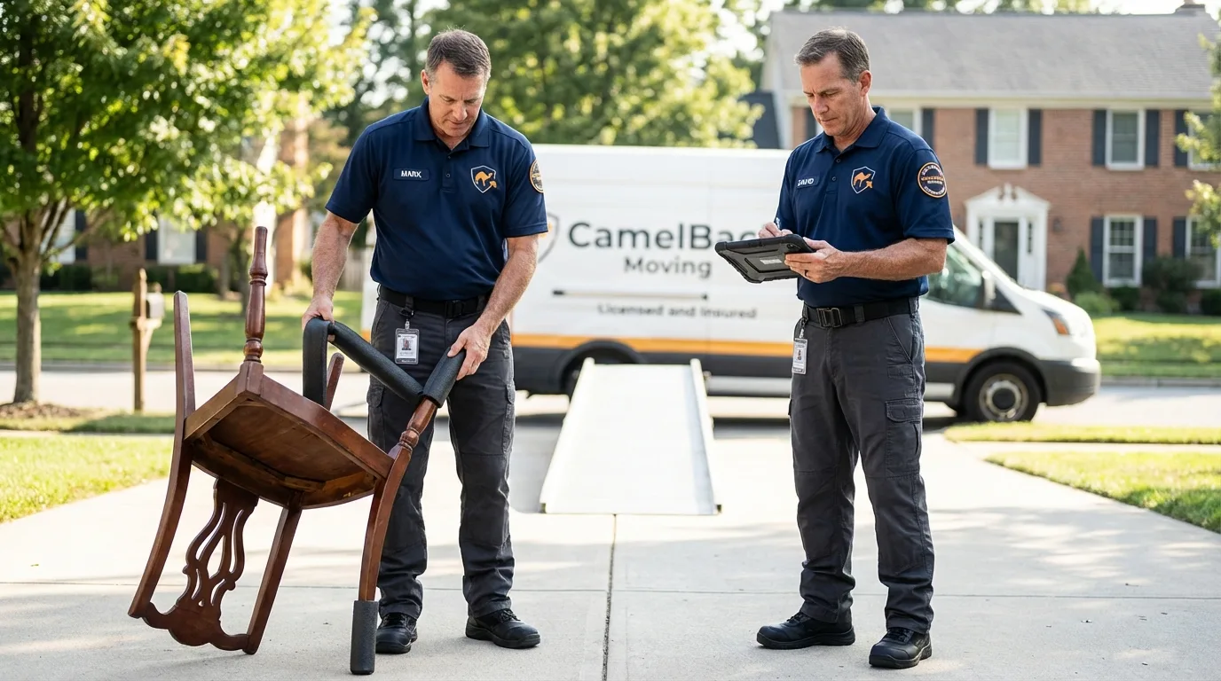 Movers inspecting furniture for damage prevention before loading in Dayton, OH