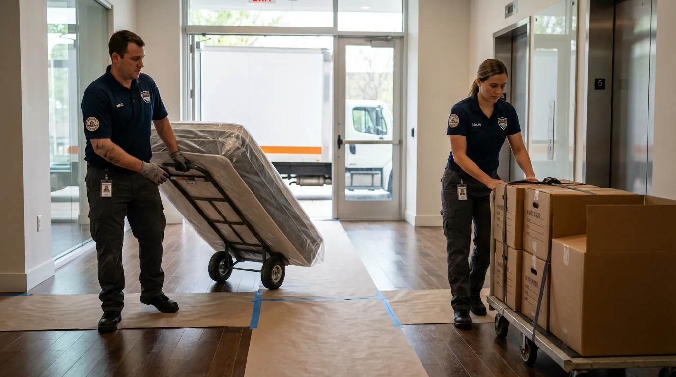 Professional apartment movers loading elevator in Dayton, OH