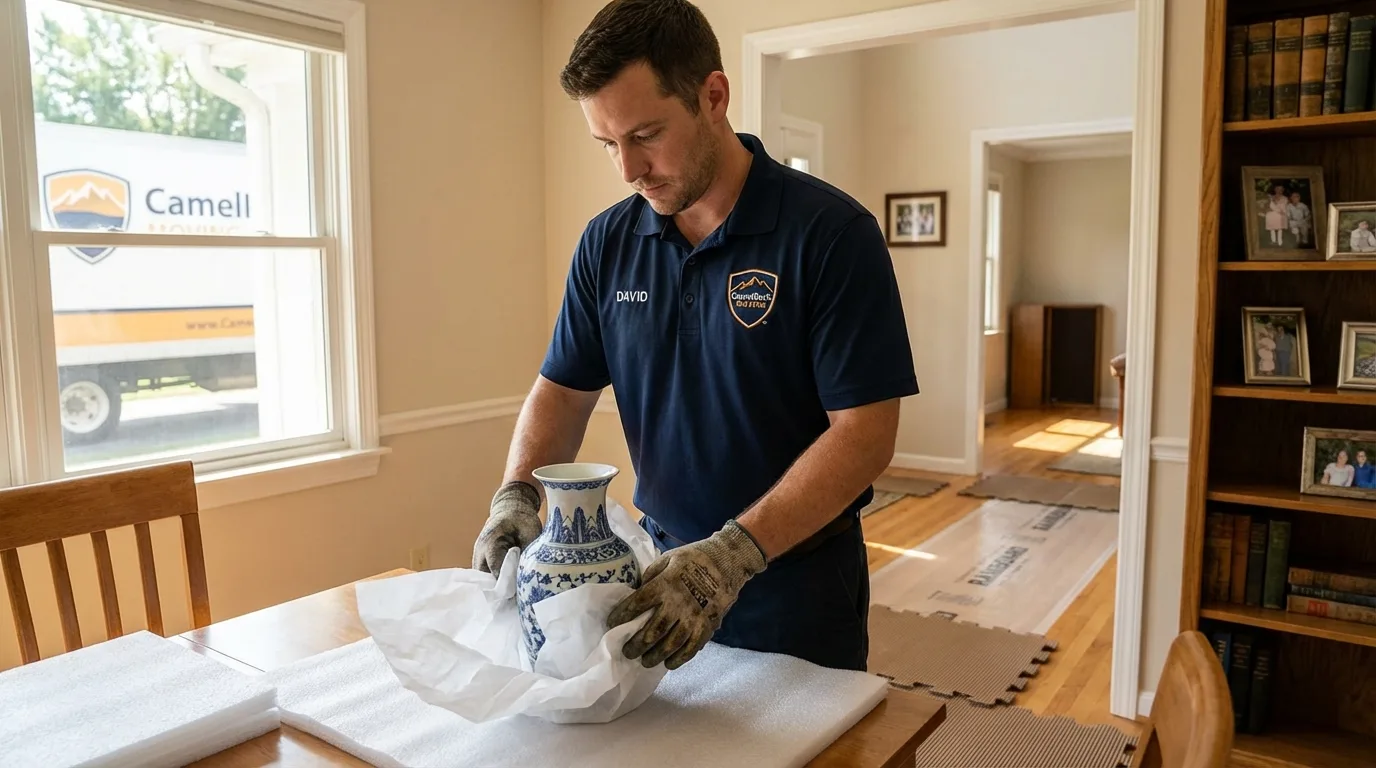 Professional crew carefully wrapping antique vase for senior downsizing move in Dayton, OH